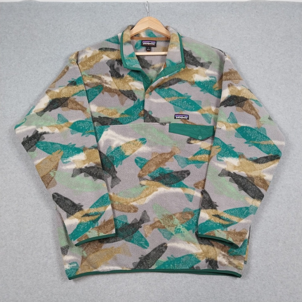 Patagonia Synchilla Snap T Mens Large Green Trout Tails Legend Fleece Pullover